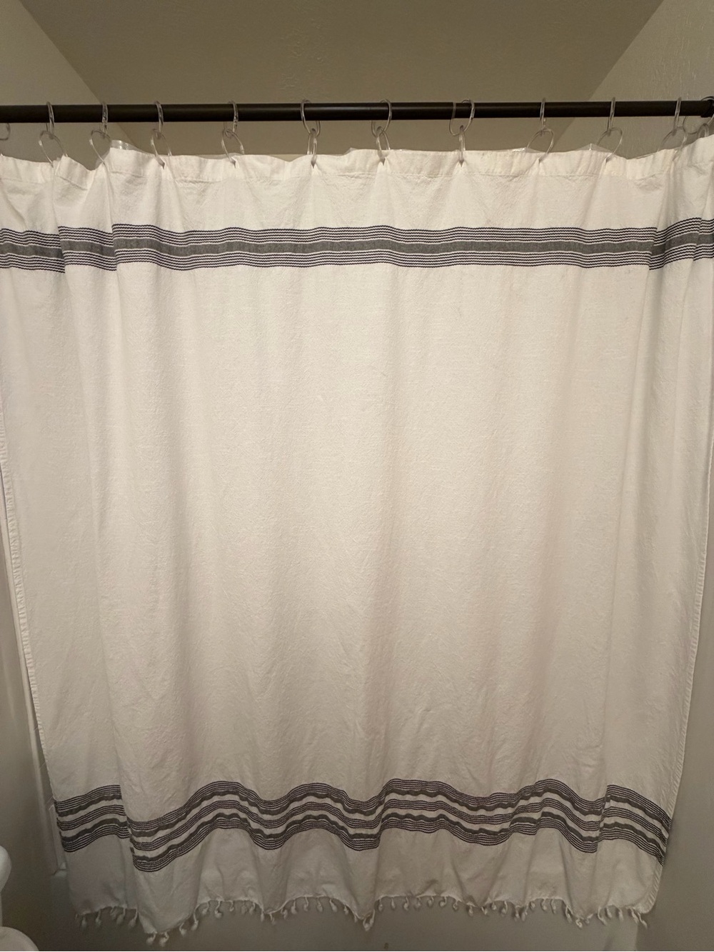 Threshold White Shower Curtain with Gray Stripe Accents